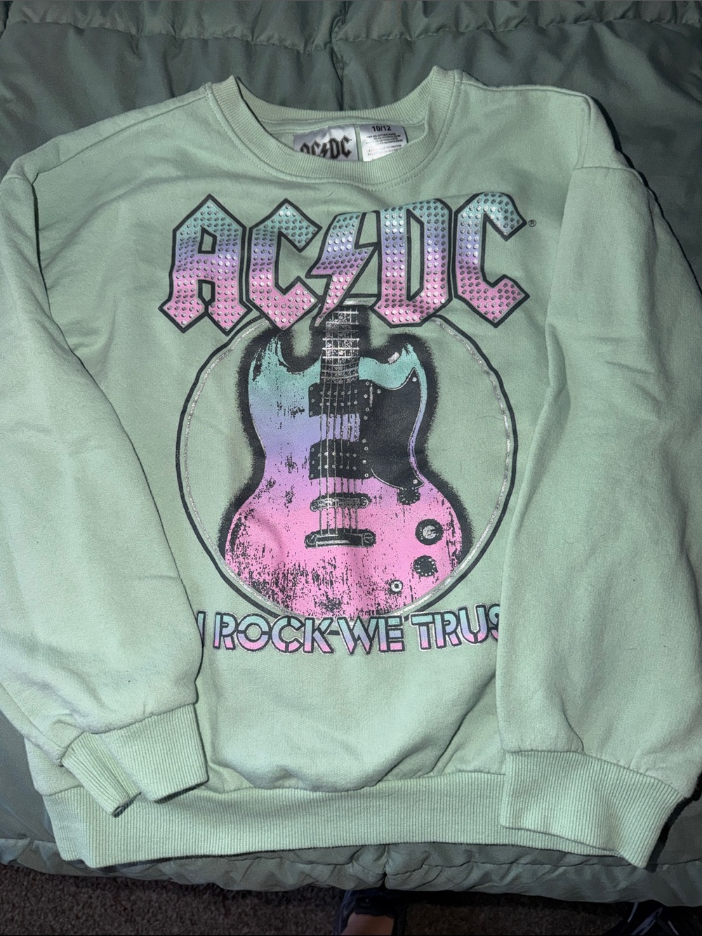 AC/DC Mint Green Sweatshirt with Pink and Purple Guitar Graphic